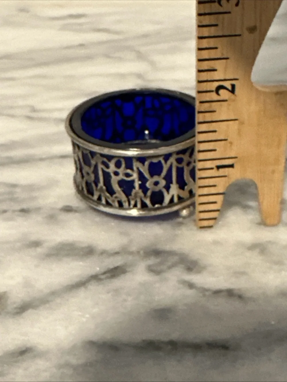 Antique sterling silver with cobalt blue glass insert salt cellar